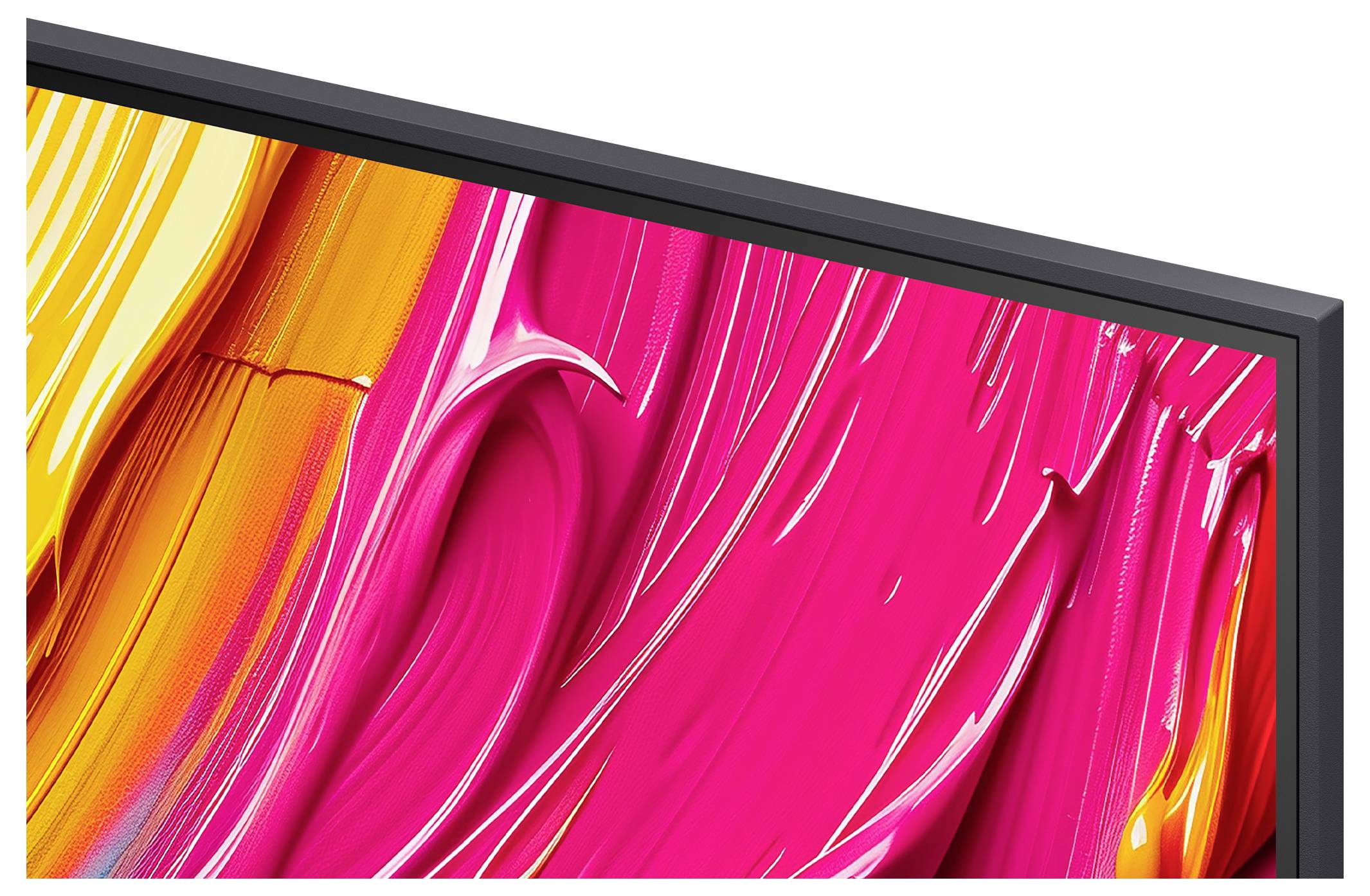 Abstraktes Kunstwerk mit lebhaften rosa und orangefarbenen Pinselstrichen auf einer rechteckigen Leinwand, die einen dynamischen und energiegeladenen visuellen Effekt erzeugen.