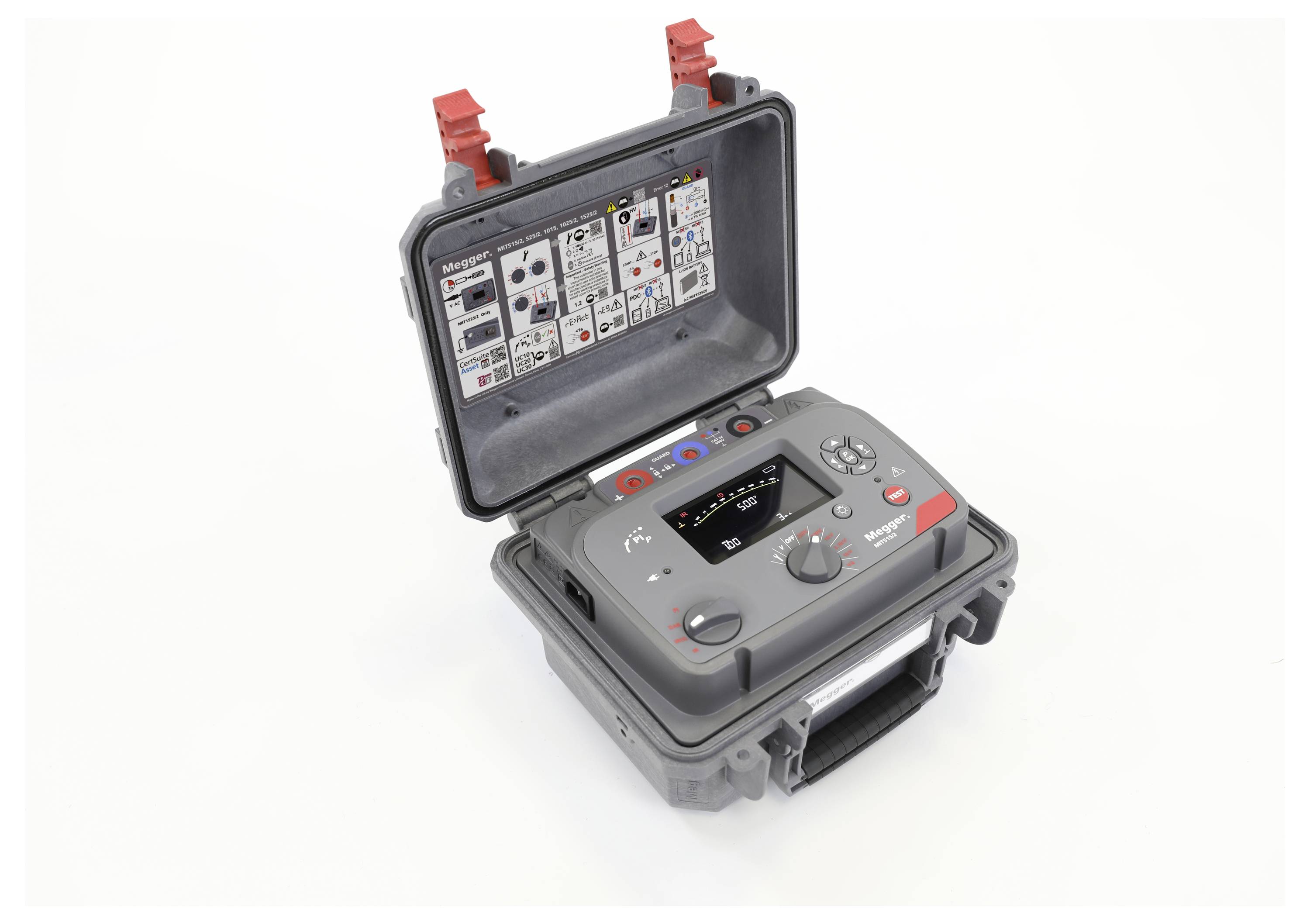 Ein tragbares elektrisches Prüfgerät mit Display und Bedienknöpfen in einem robusten Gehäuse, das verschiedene Messmöglichkeiten für Felddiagnosen anzeigt.