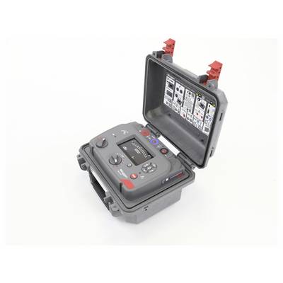 Ein tragbares elektronisches Gerät in einem offenen Hartschalenkoffer, das einen Bildschirm und Tasten zeigt. Bedienungsanleitungen sind im Deckel sichtbar.