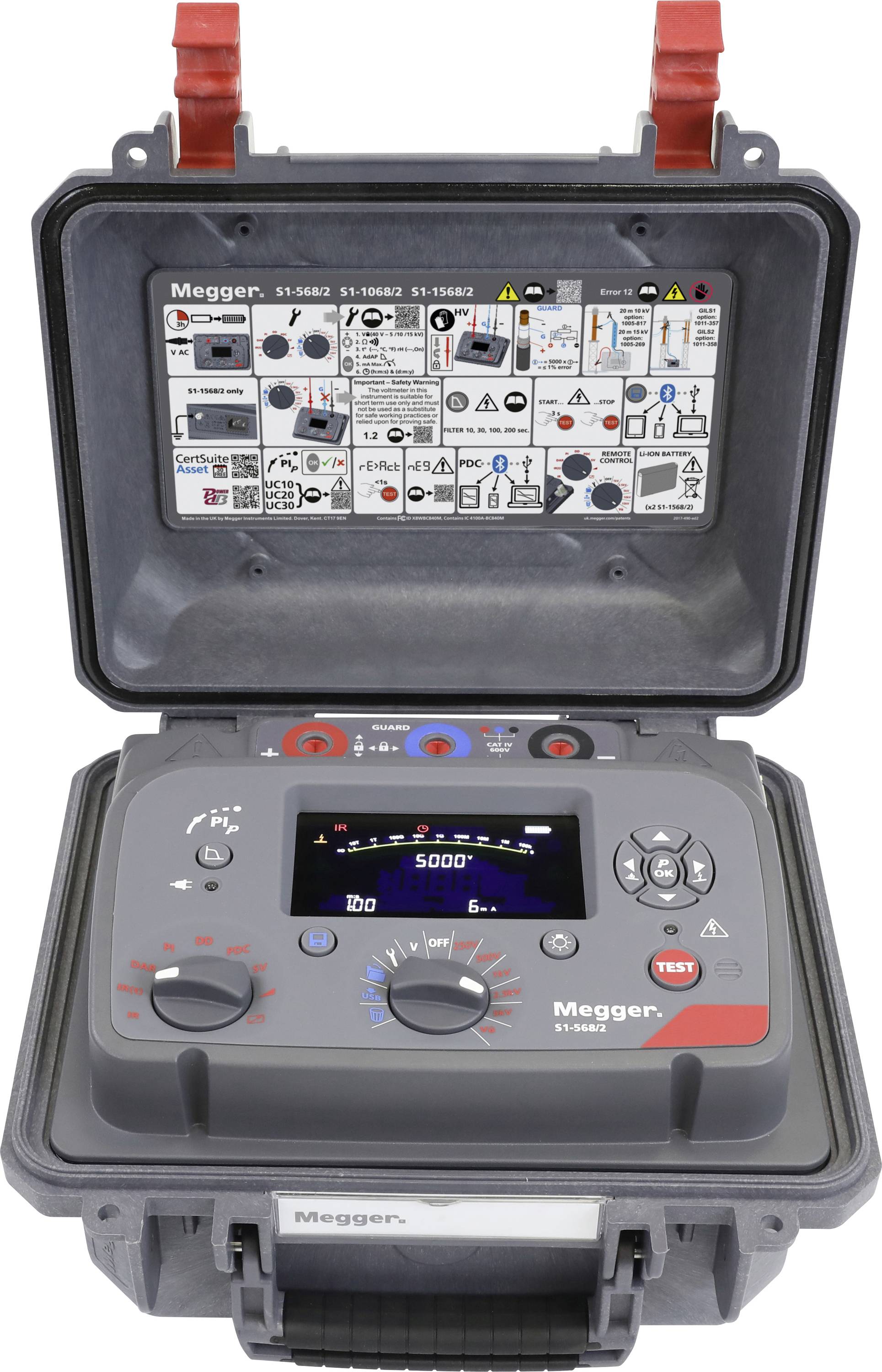 Elektrisches Geräteprüfgerät mit verschiedenen Drehschaltern und Tasten. Anweisungen auf dem Deckel für Spannungs- und Stromeinstellungen. Marke: Megger.