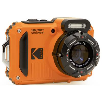 Orange wasserdichte Kodak-Kamera mit PixPro-Objektiv, für robuste Einsätze konzipiert, geeignet für Aufnahmen bis zu 15 Meter unter Wasser.