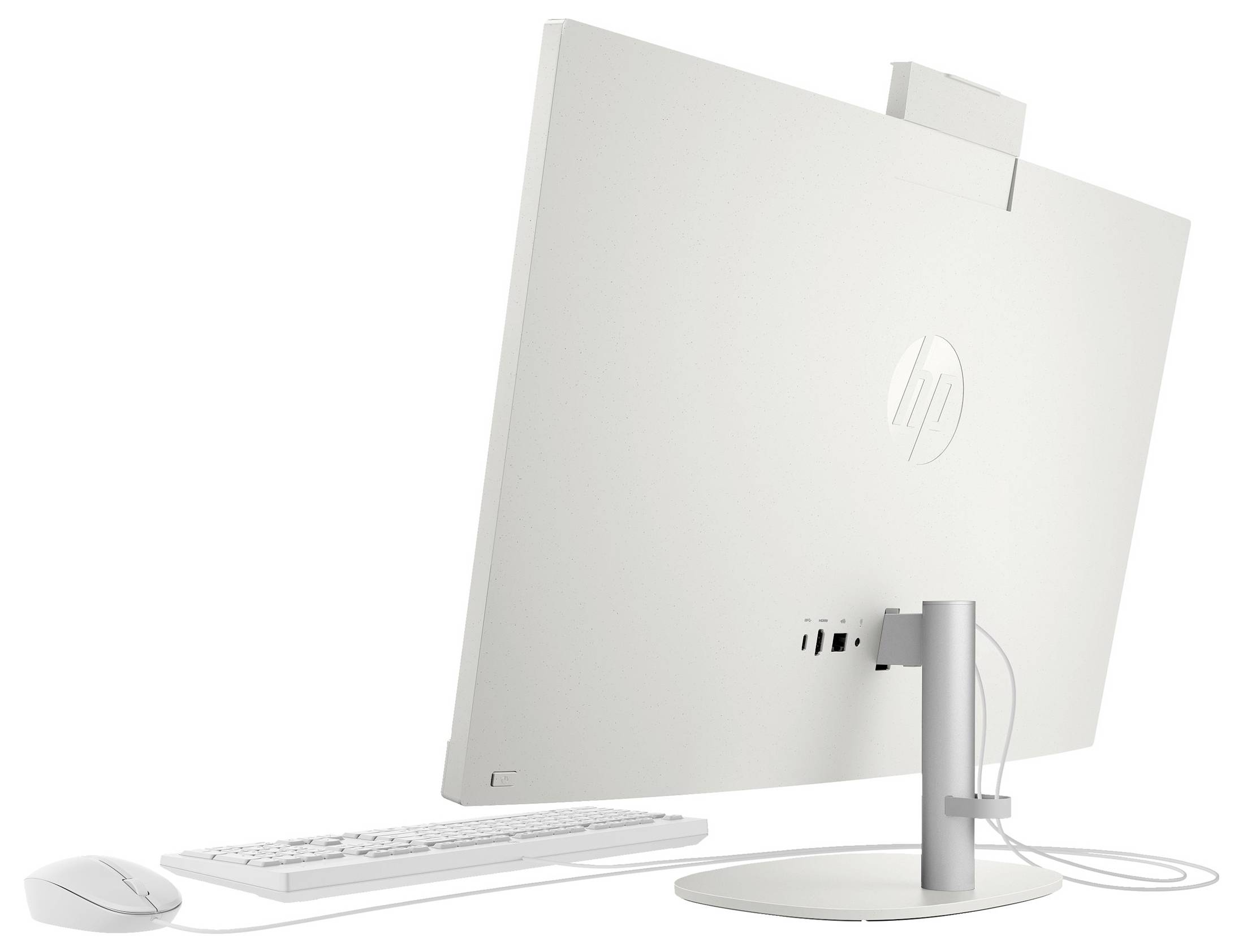 Ein weißer All-in-One-Desktop-Computer aus einem hinteren Blickwinkel, der seinen Ständer, Anschlüsse, die Tastatur und Maus zeigt, vor einem weißen Hintergrund.
