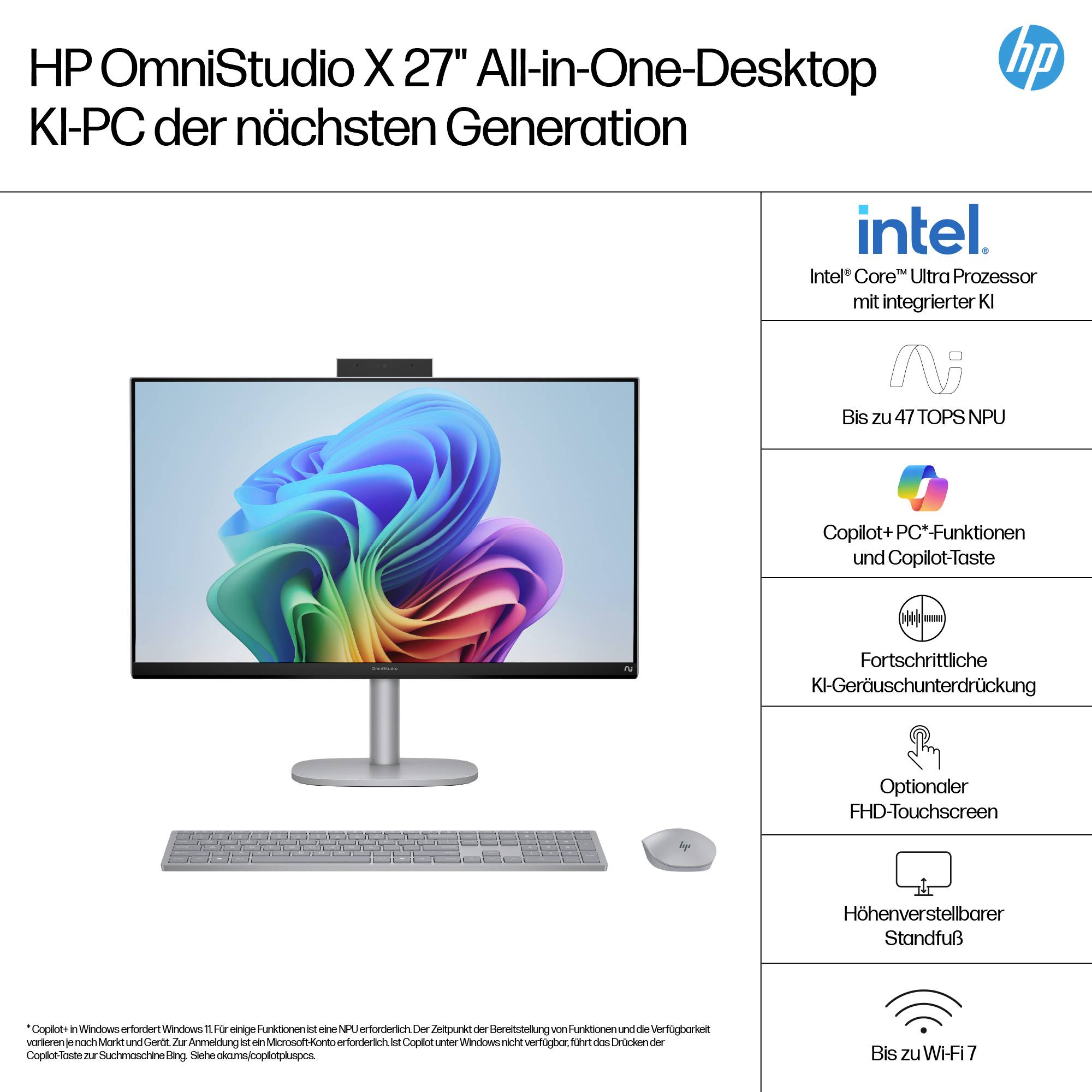 HP OmniStudio X 27" All-in-One-Desktop mit Intel® Core™ Ultra Prozessor und KI-Funktionen. Enthält Bildschirm, Tastatur und Maus.