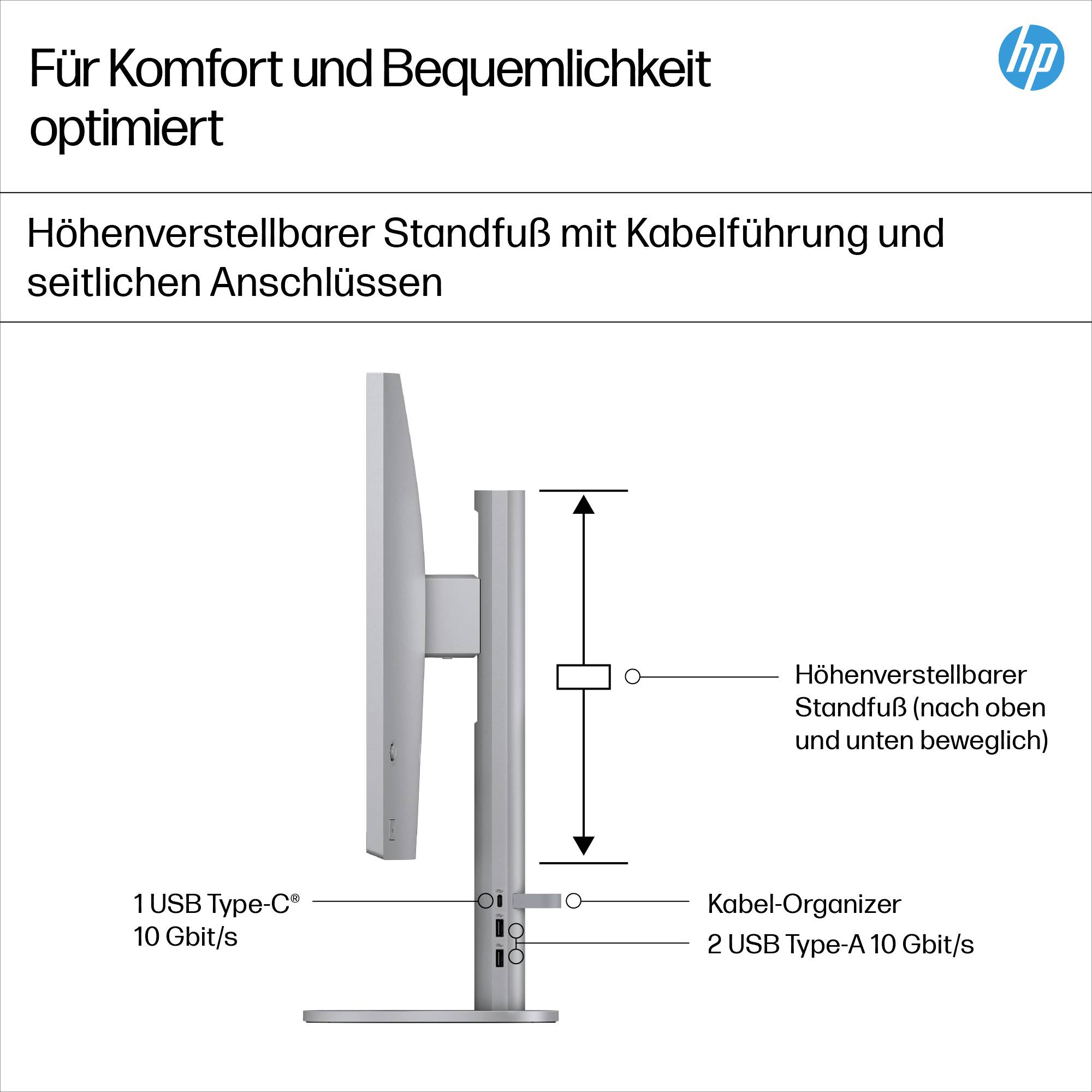 Seitenansicht eines Monitors mit höhenverstellbarem Standfuß und Kabelmanagement. Anschlüsse: 1 USB Type-C, 2 USB Type-A.