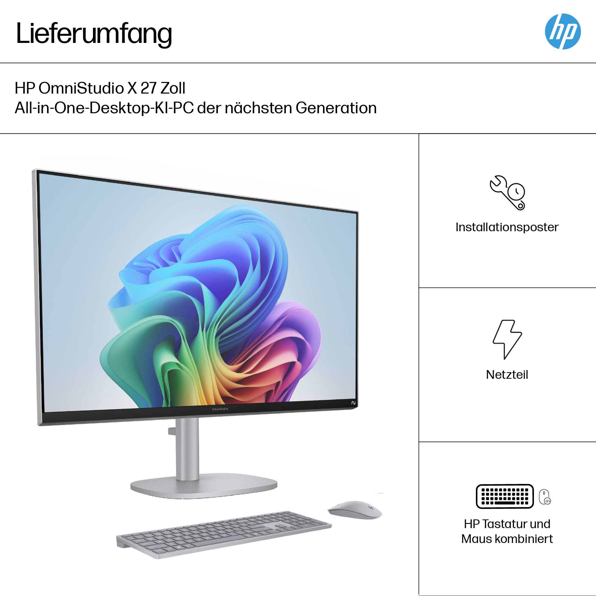 HP OmniStudio X 27 Zoll All-in-One-KI-PC der nächsten Generation. Enthält: Monitor, Netzteil, Tastatur und Maus.
