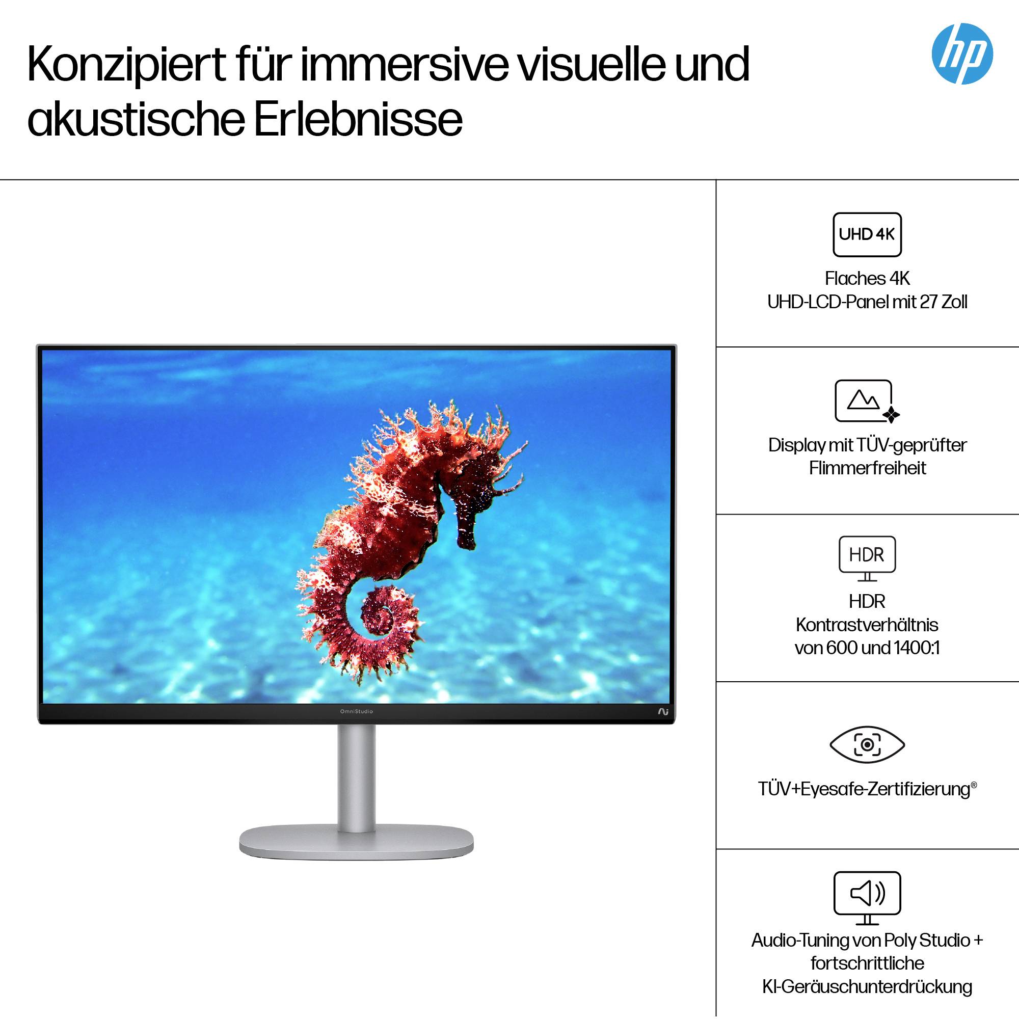 Ein Monitor zeigt ein rotes Seepferdchen vor blauem Hintergrund. Text: 'Konzipiert für immersive visuelle und akustische Erlebnisse', mit technischen Features rechts.