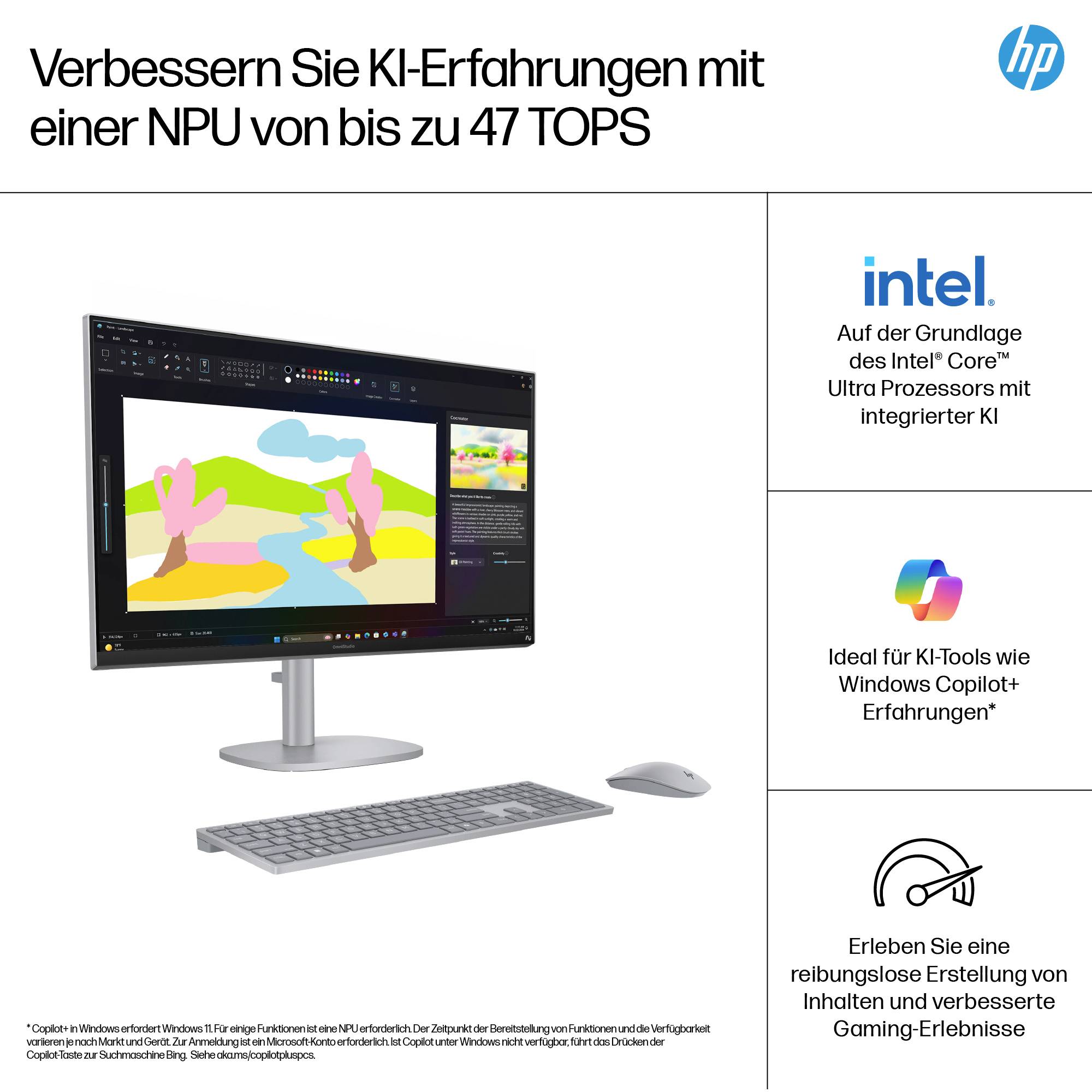 'Computerbildschirm mit geöffneter Grafiksoftware, umgeben von Texten, die KI-Optimierung und Prozessorvorteile hervorheben.'