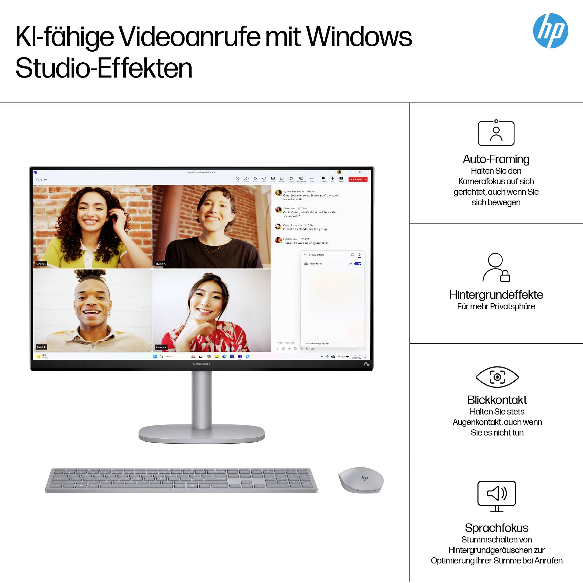 Bildschirm mit einem Videoanruf, vier Personen sind sichtbar. Rechts Text zu Features: Auto-Framing, Hintergrundeffekte, Blickkontakt, Sprachfokus. HP-Logo oben rechts.