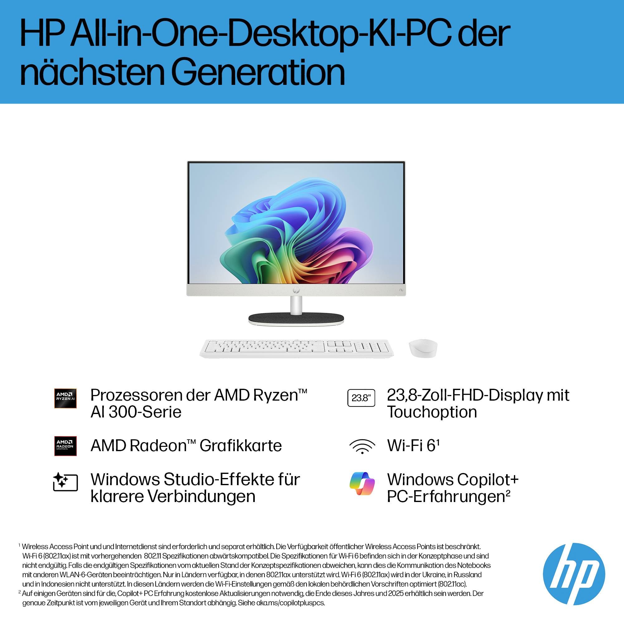 All-in-One-PC mit AMD Ryzen Prozessor, 23,8-Zoll-Touchscreen, AMD Radeon Grafik, Wi-Fi 6 und Windows Copilot-Integration.