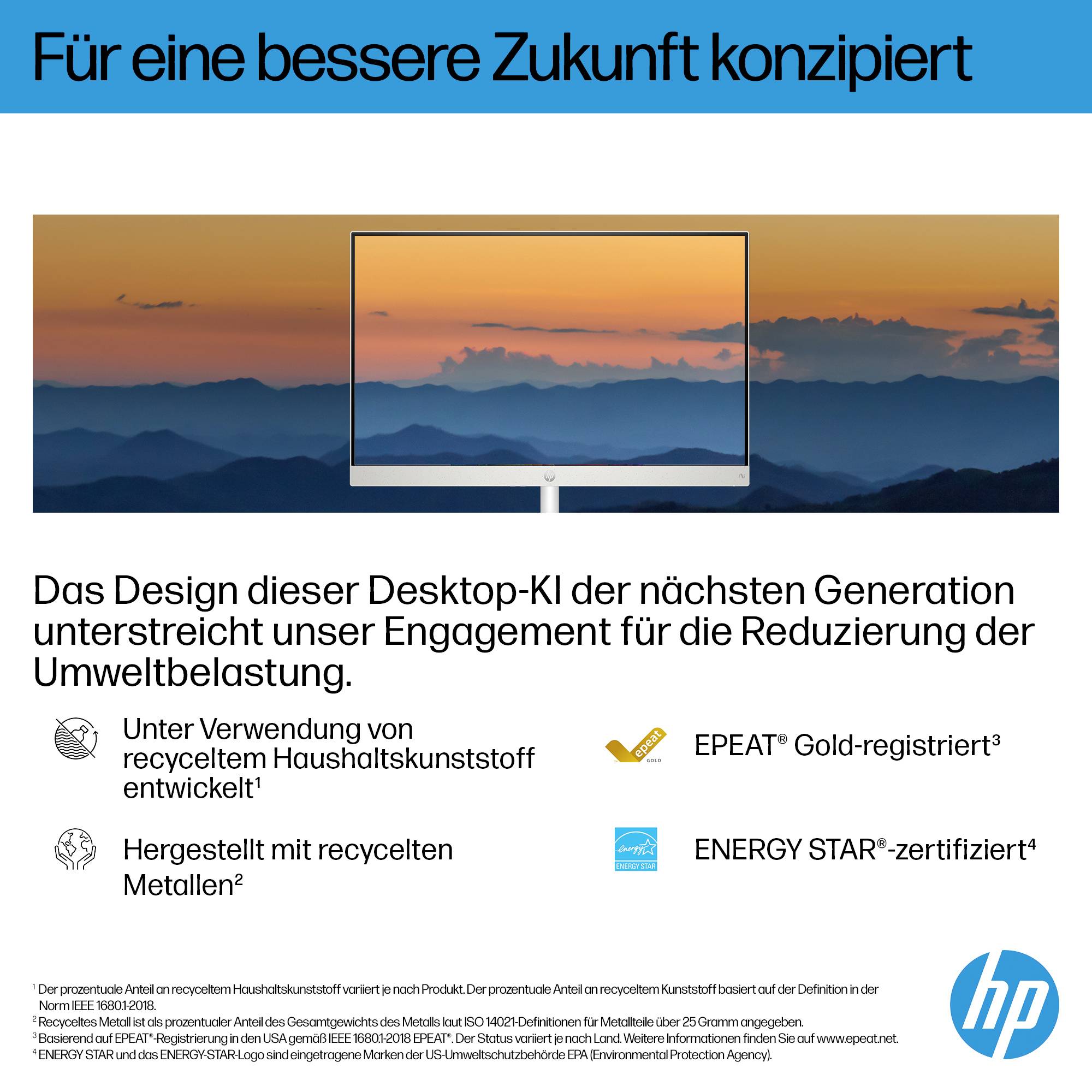 'Für eine bessere Zukunft konzipiert': Ein Computerbildschirm vor Sonnenaufgang. Text hebt umweltschonende Materialien und Zertifikate hervor.