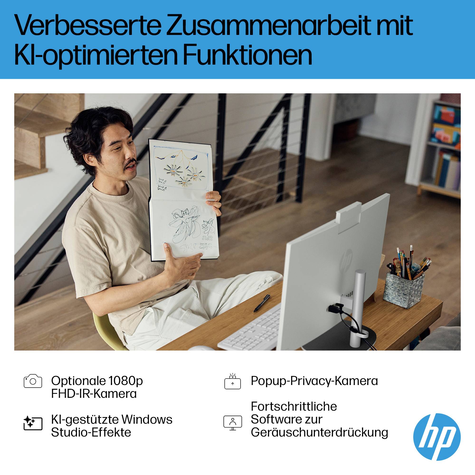 'Mann zeigt Skizze vor einem Computerbildschirm. Text: Verbesserte Zusammenarbeit mit KI-optimierten Funktionen.'