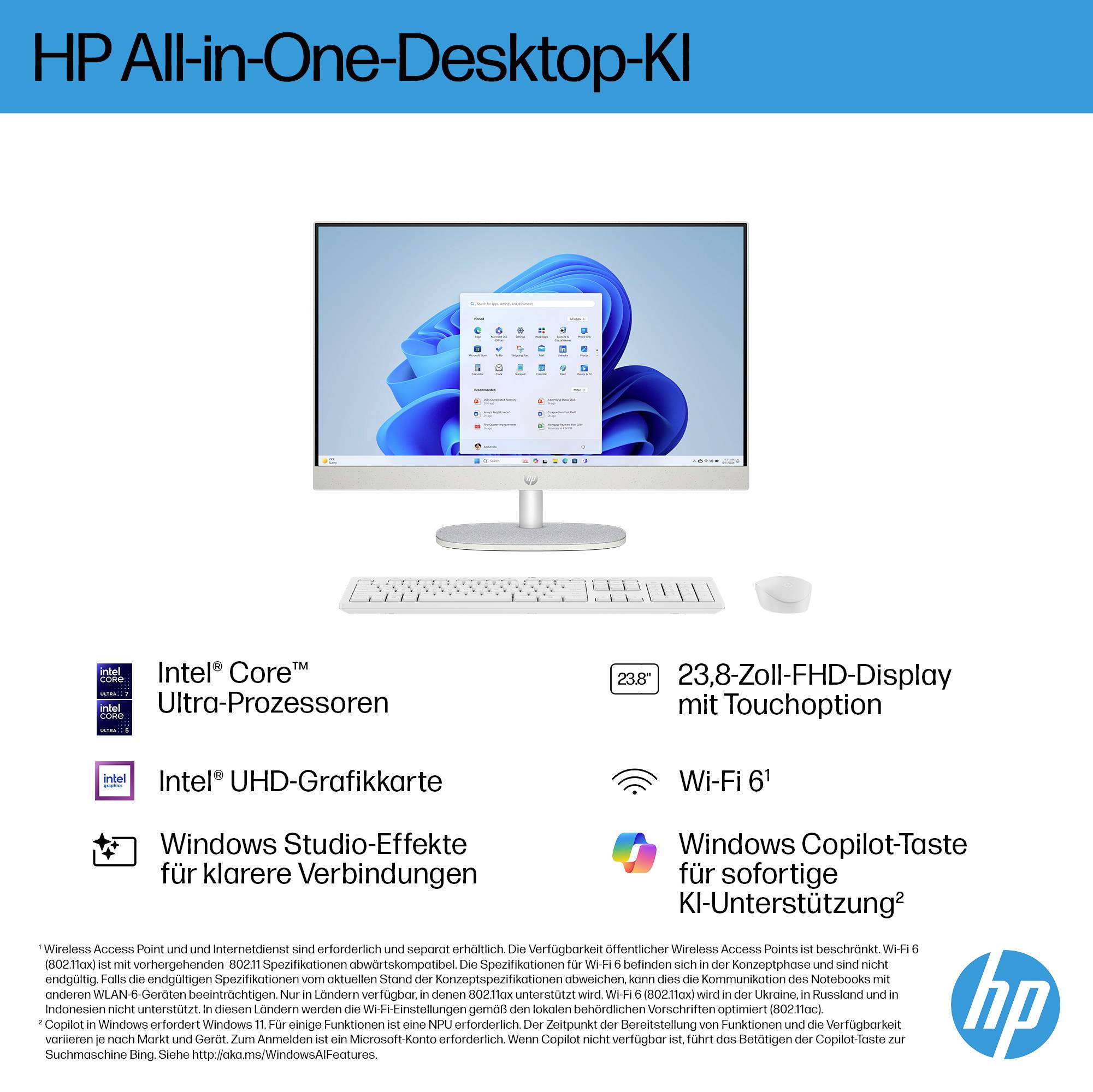 'HP All-in-One-Desktop-KI' mit Intel Core Prozessor, UHD-Grafikkarte, 23,8-Zoll-Touch-Display, Wi-Fi 6 und KI-Unterstützung.