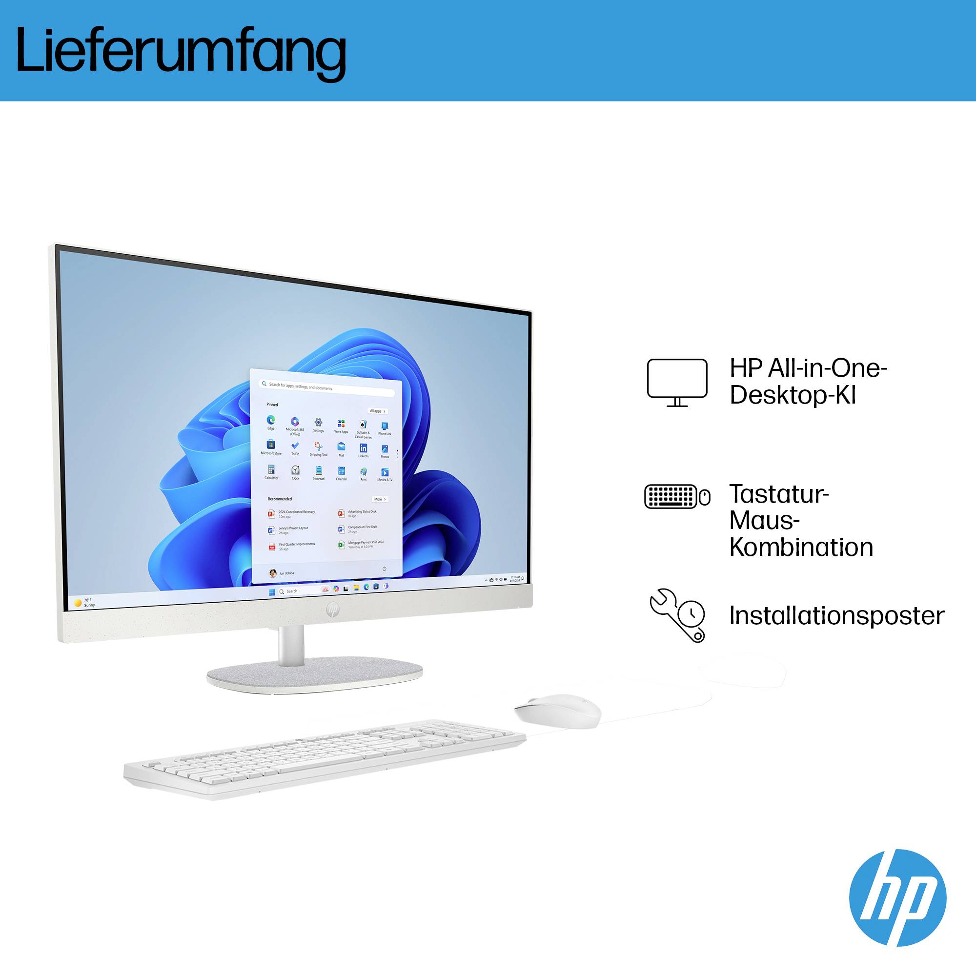 'Lieferumfang': Ein HP All-in-One-Desktop-PC wird gezeigt, einschließlich Tastatur-Maus-Kombination und Installationsposter.