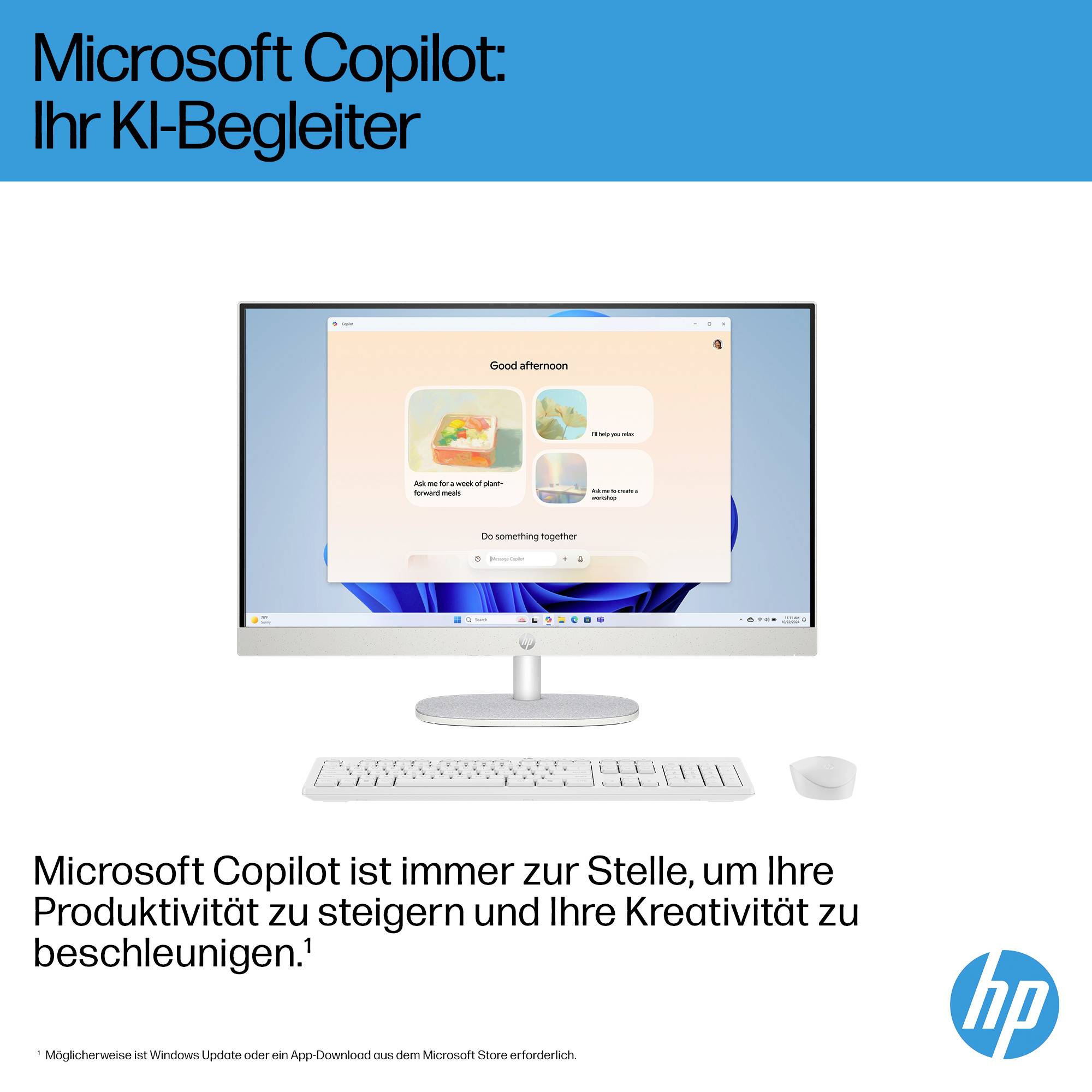 Ein Computerbildschirm zeigt 'Good afternoon' mit Text 'Do something together' auf einem Desktop-Hintergrund.