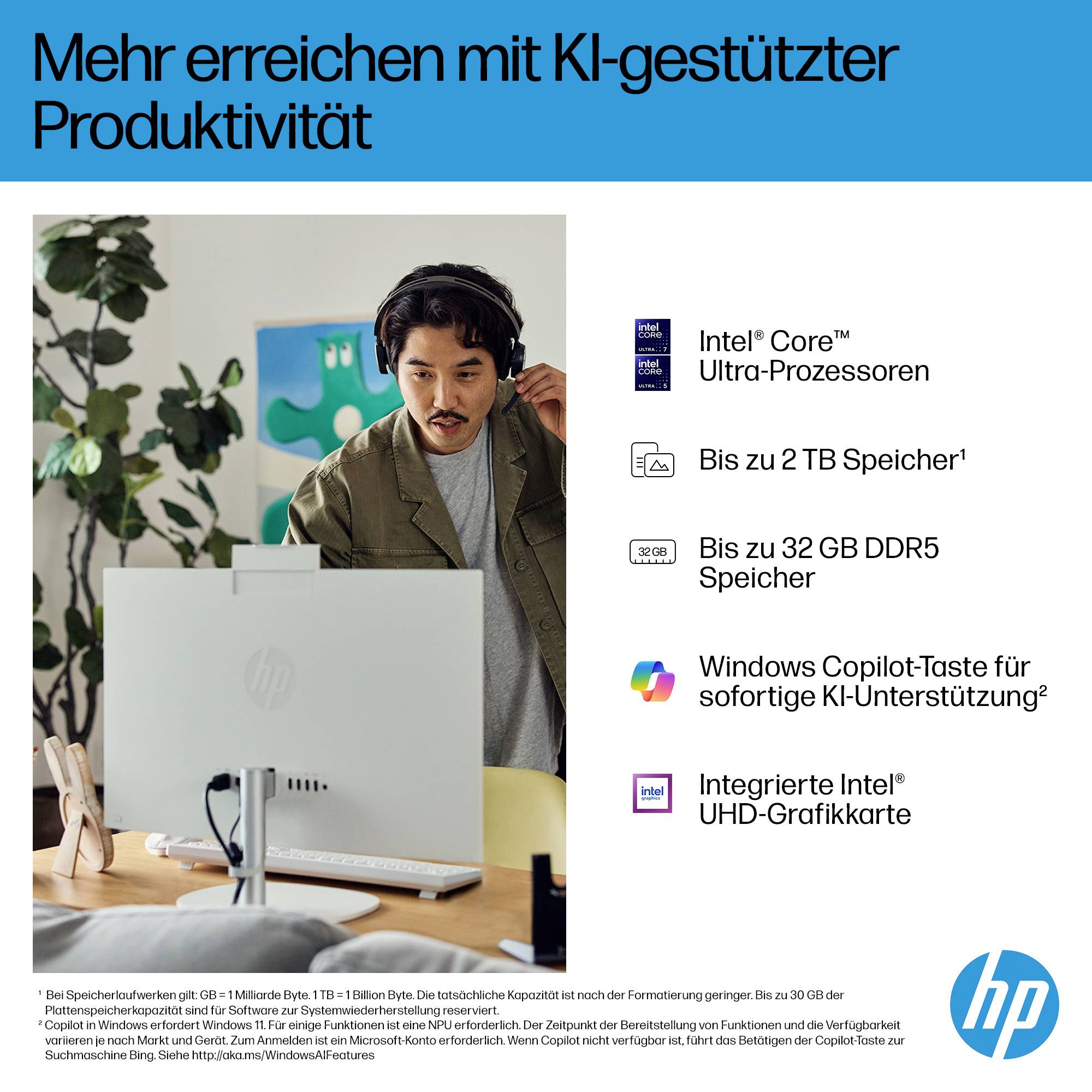 Mann mit Kopfhörern arbeitet an Computer. Text: 'Mehr erreichen mit KI-gestützter Produktivität'. Logos und Spezifikationen rechts.