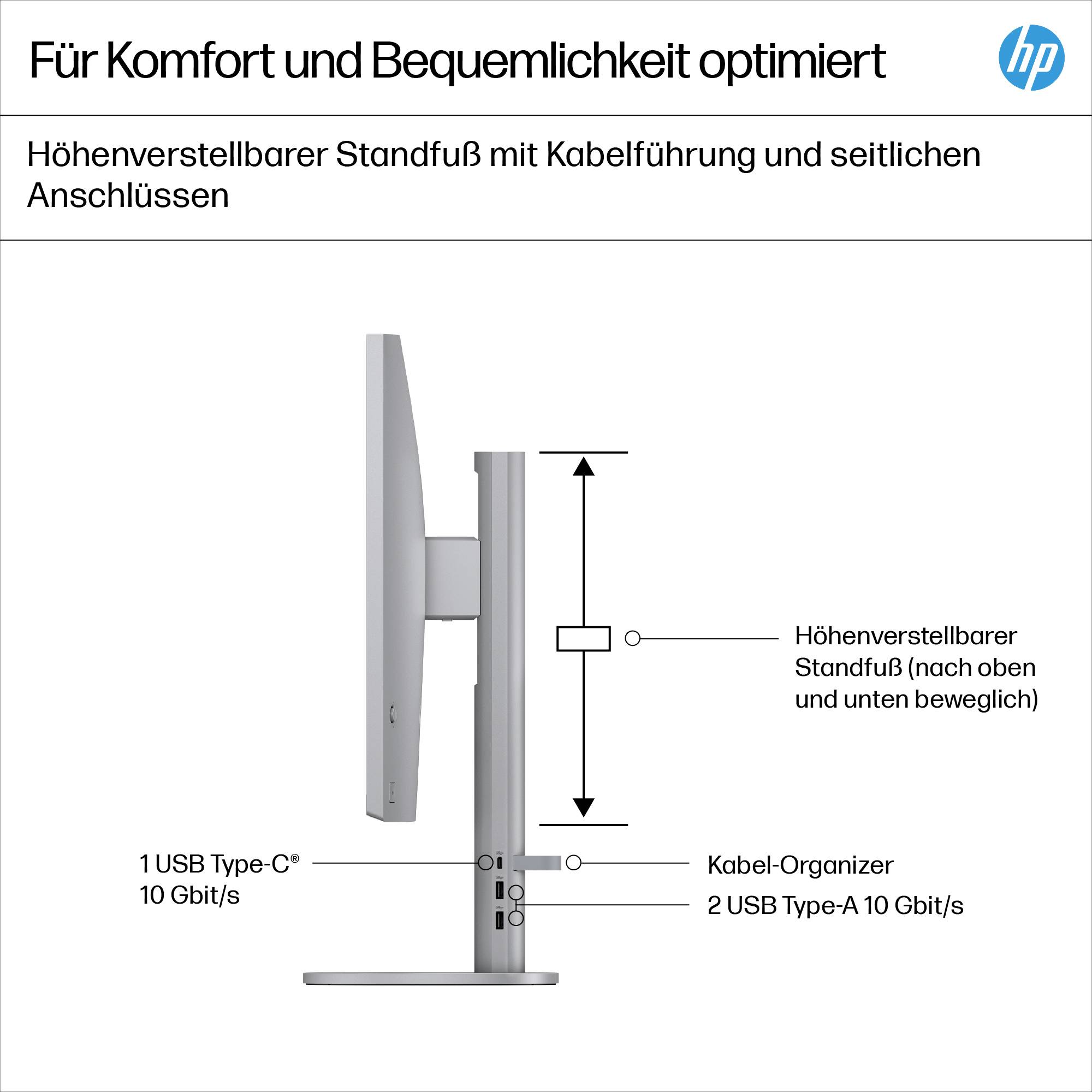 'Seitenansicht eines höhenverstellbaren Monitors mit Kabelmanagement und seitlichen Anschlüssen: 1 USB Type-C, 2 USB Type-A.'