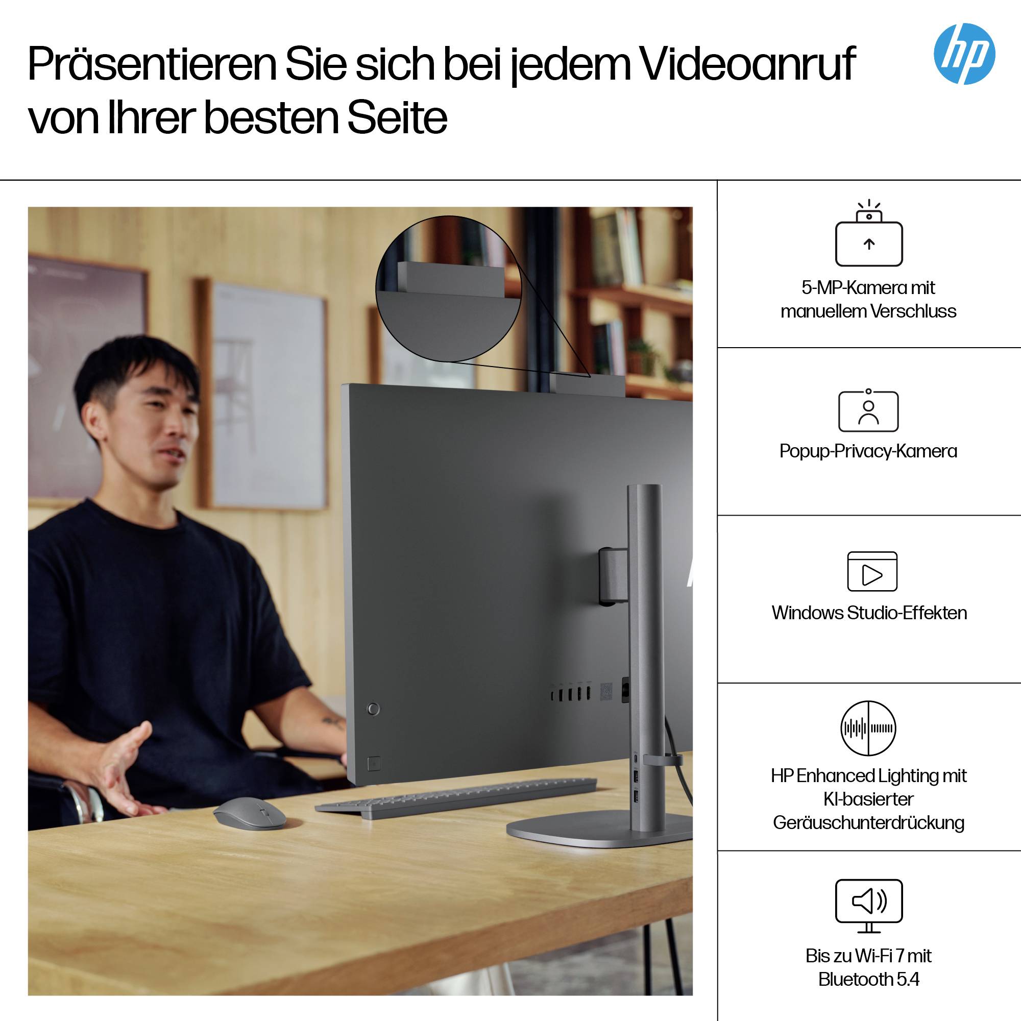 Person bei Videoanruf am Computer; Text 'Präsentieren Sie sich bei jedem Videoanruf von Ihrer besten Seite'. Details zu Kamera und Funktionen rechts.