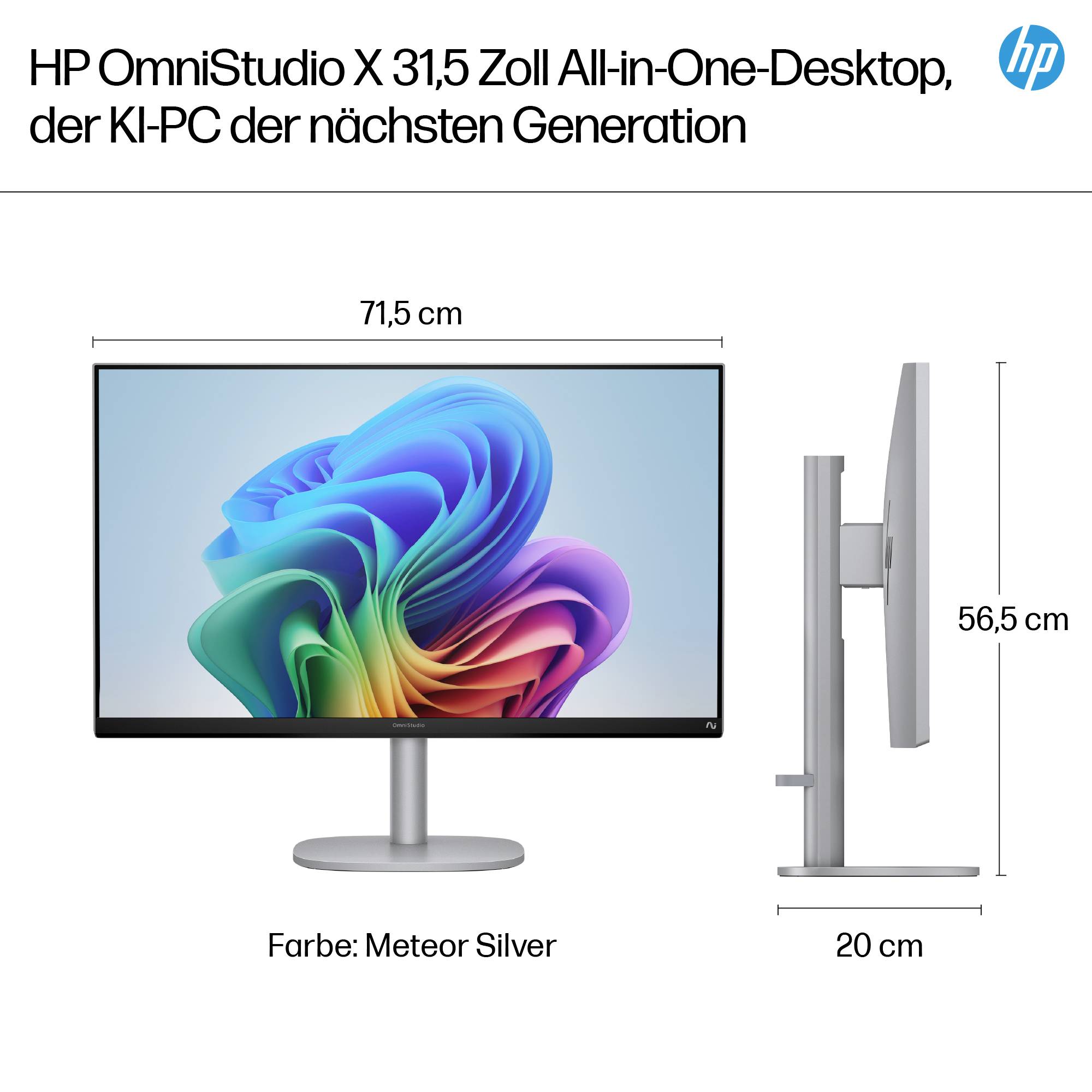 HP OmniStudio X 31,5 Zoll All-in-One-Desktop: Breite 71,5 cm, Höhe 56,5 cm, Tiefe 20 cm, Farbe: Meteor Silver.