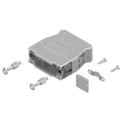 Ein rechteckiges metallisches Steckverbinder-Gehäuse mit Schrauben und Halterungen für die Montage, entwickelt zum Einschließen und Schützen elektrischer Komponenten.