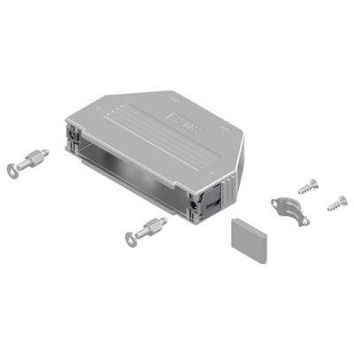 Rechteckiges, metallisches Gehäuse für elektrische Bauteile, mit daneben gezeigten Befestigungsschrauben und Anschlüssen.