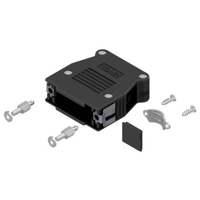 Ein schwarzes Kunststoff-Steckverbindergehäuse mit Metallschrauben und Clips, entwickelt zum Befestigen oder Zusammenbauen elektronischer Komponenten.