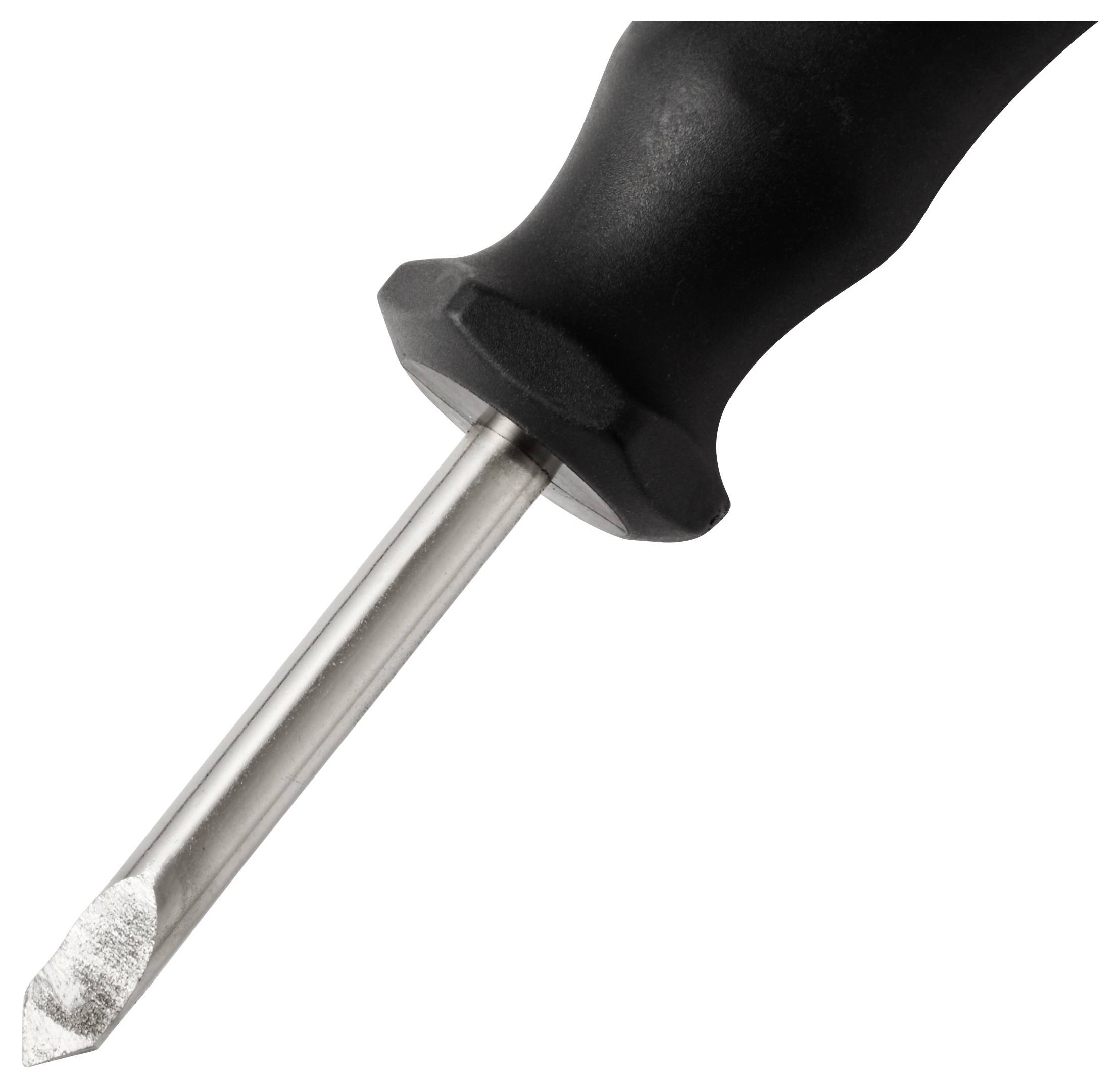 Ein Nahaufnahmebild eines Schraubendrehers mit Schlitzschliff und schwarzem Griff, diagonal nach unten gerichtet, der häufig zum Anziehen oder Lösen von Schrauben verwendet wird.