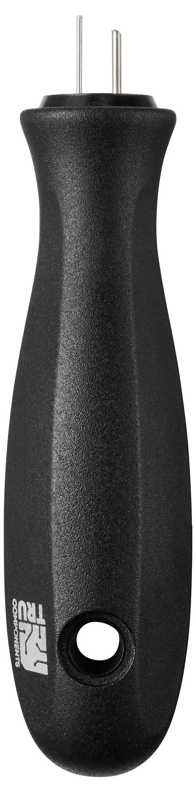 Ein schwarzes, ergonomisches Handwerkzeug mit einem Loch an der Basis und zwei Metallzinken, die von oben herausragen, das für bestimmte Anwendungen verwendet wird.