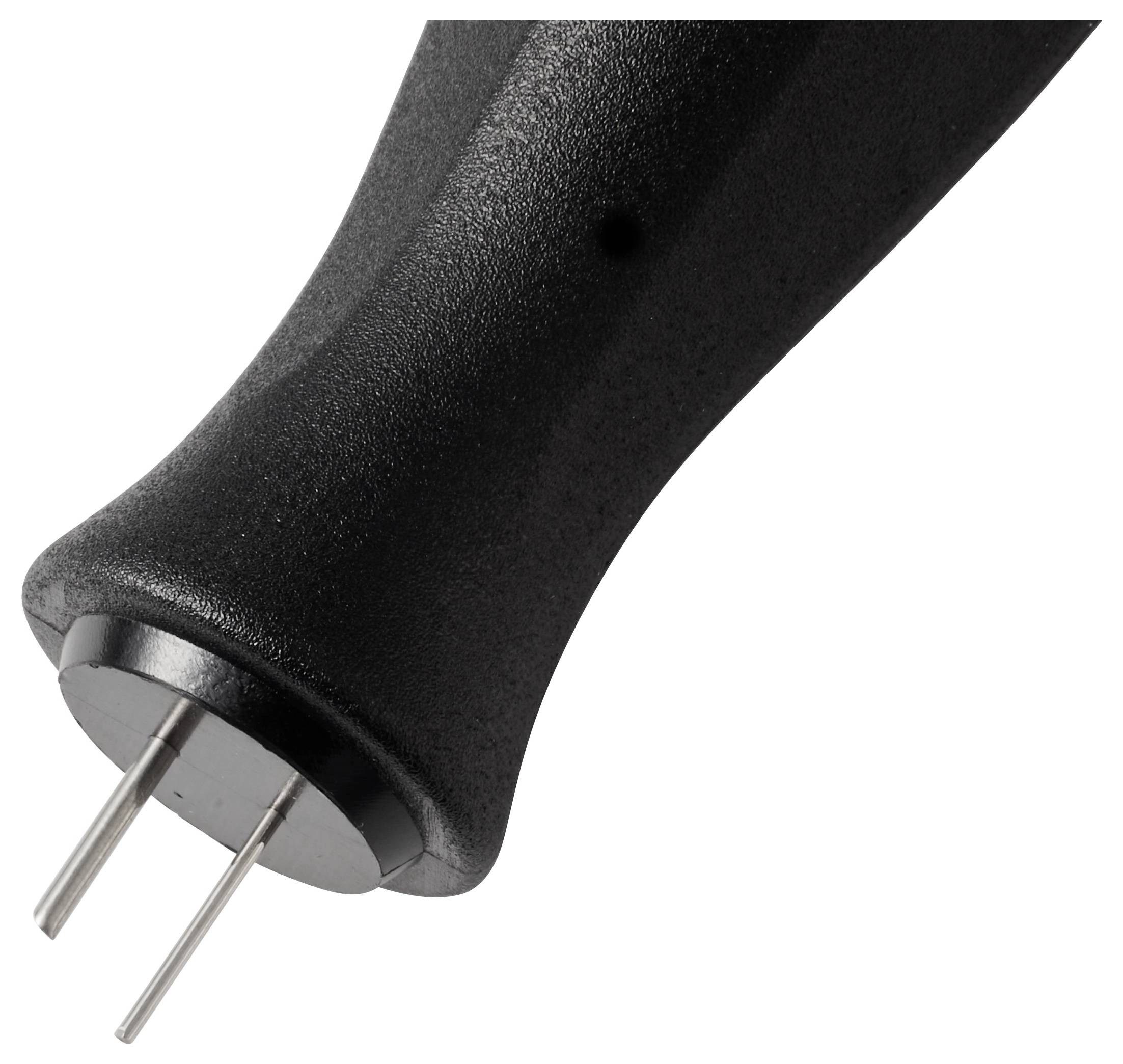 Eine Nahaufnahme eines Fleischklopfers mit zwei scharfen Metallzacken und einem schwarzen Kunststoffgriff, der zum Weichmachen von Fleischfasern verwendet wird.