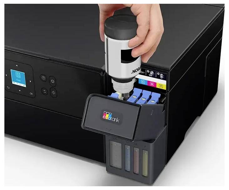 Eine Person, die eine schwarze Tintenpatrone an einem Drucker mit einer Flasche, die mit "schwarz" markiert ist, wieder auffüllt; daneben sind farbige Tintenpatronen sichtbar.