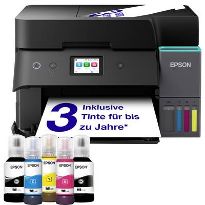 Ein schwarzer Epson-Drucker mit Bildschirm druckt ein Blatt mit der Aufschrift "3 Inklusive Tinte für bis zu Jahre*". Vier Tintenfläschchen sind darunter abgebildet.