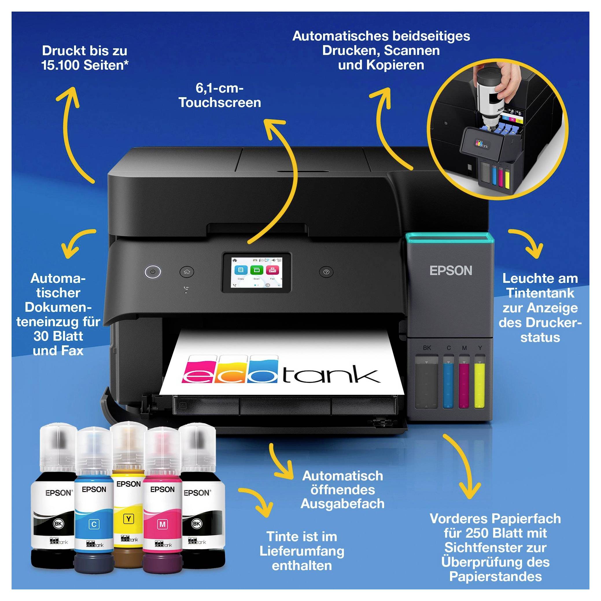 Multifunktionaler Drucker mit automatischem Dokumenteneinzug, 6,1-cm-Touchscreen, 250-Blatt-Fach, Tintenbehälter-Füllständen und mitgelieferten Tintenflaschen.
