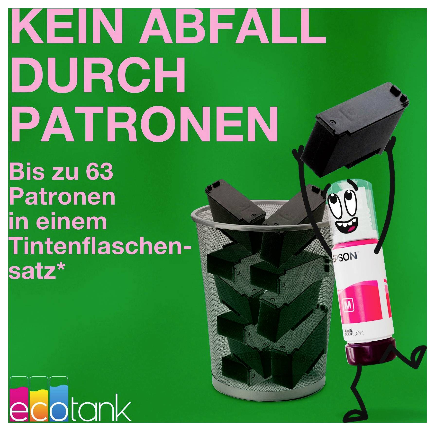 Reduzieren Sie Abfall mit Tintenfässern - bis zu 63 Patronen in einem Set.' Gezeichnete Tintenflasche, die eine Tintenpatrone hält und lächelnd neben einem vollen Mülleimer steht.