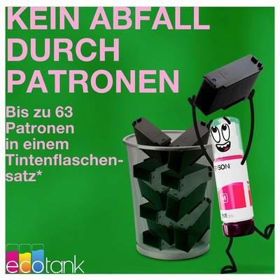 Reduzieren Sie Abfall mit Tintenfässern - bis zu 63 Patronen in einem Set.' Gezeichnete Tintenflasche, die eine Tintenpatrone hält und lächelnd neben einem vollen Mülleimer steht.