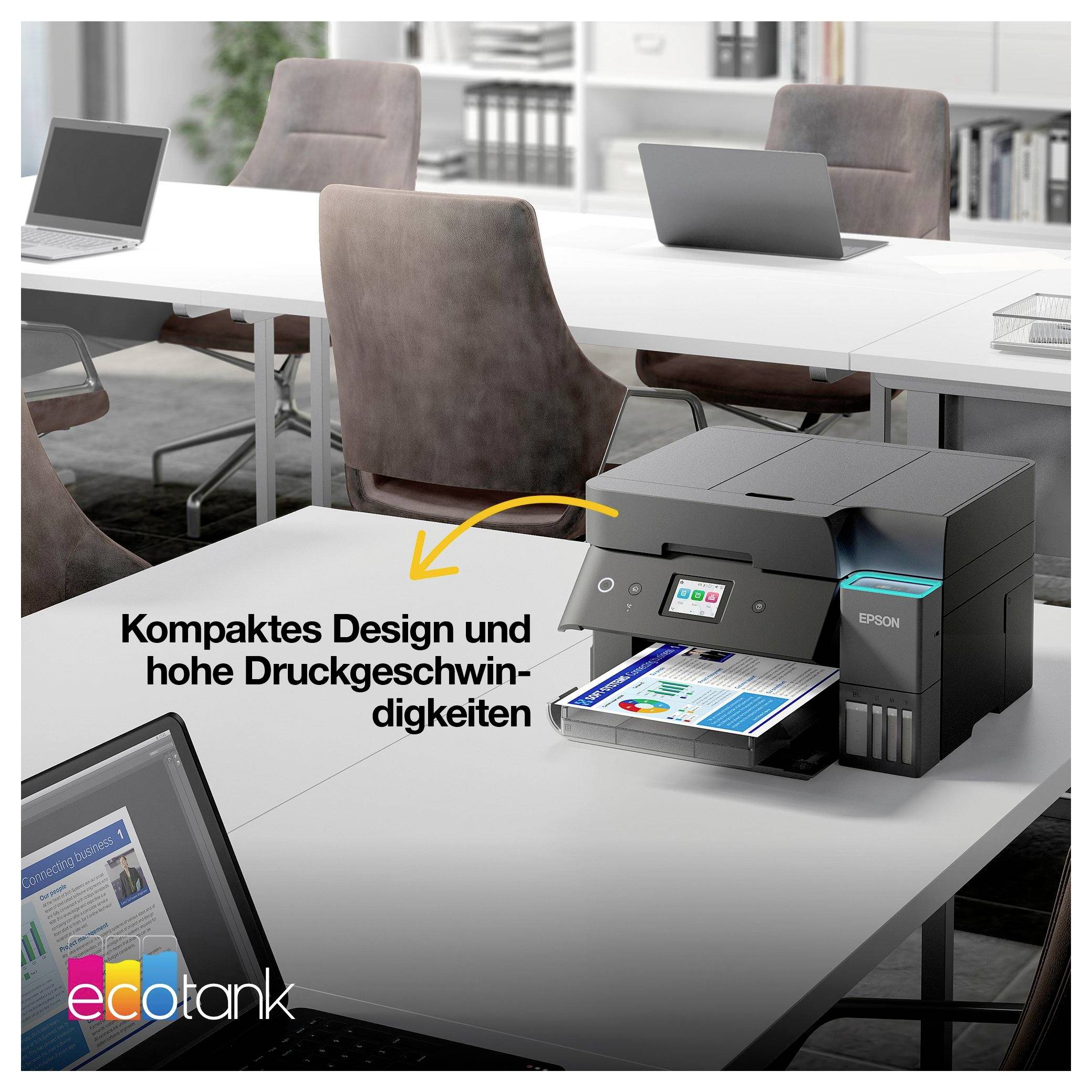 A wireless printer sits on a large office table, showing a printed page. German text reads: 'Kompaktes Design und hohe Druckgeschwindigkeiten.'