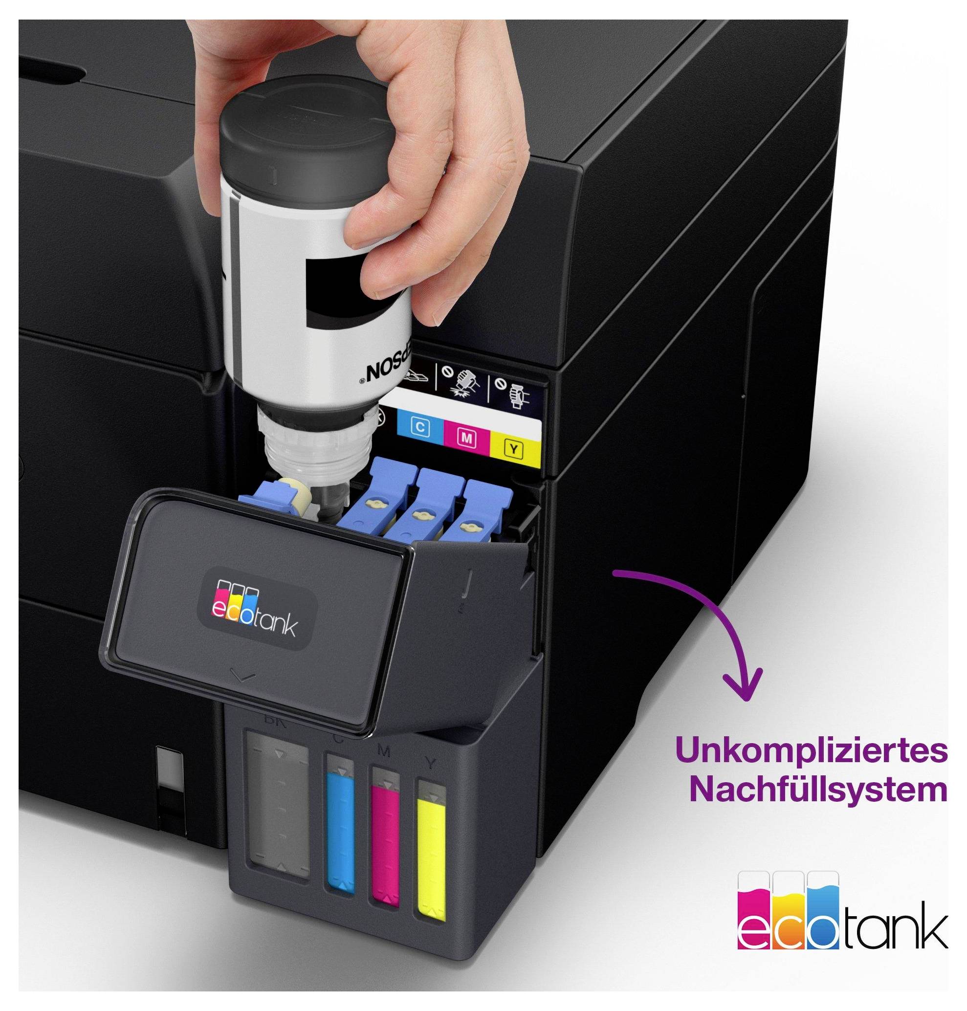Eine Hand, die einen schwarzen Tintentank in einem Drucker auffüllt. Beschriftete Tintentanks für Schwarz, Cyan, Magenta, Gelb. Text lautet: 'Unkompliziertes Nachfüllsystem'.