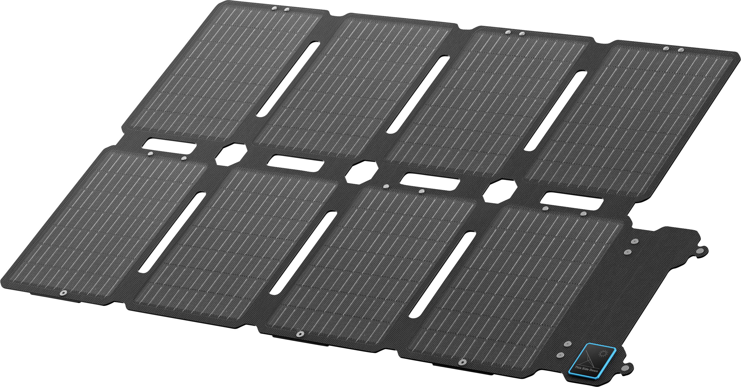 Ein faltbares schwarzes Solarpanel mit mehreren Segmenten, entwickelt für mobile Verwendung.