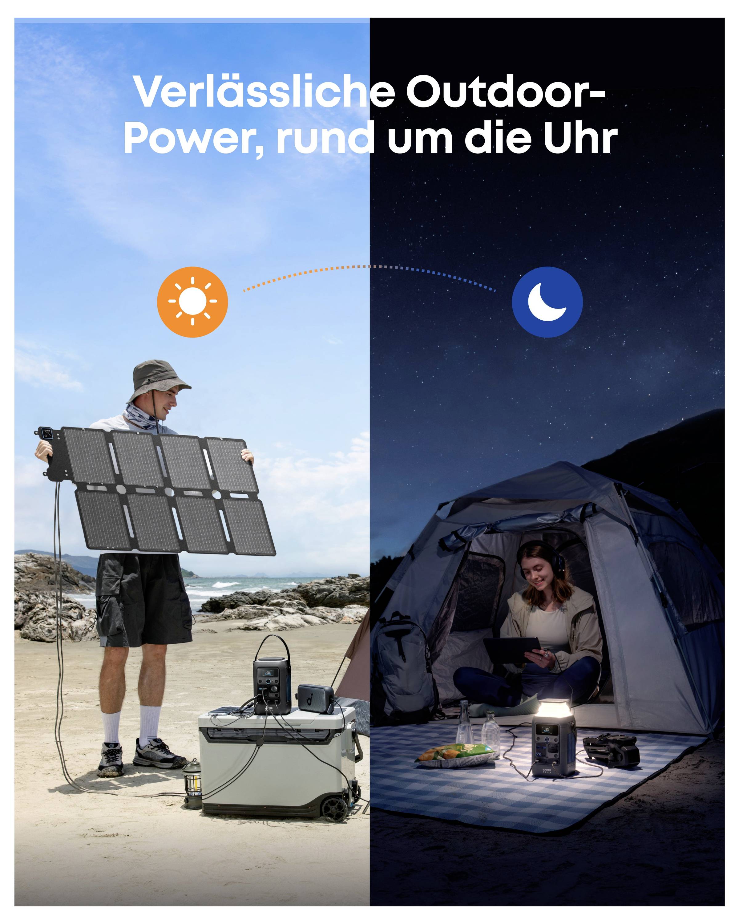 „Zuverlässige Outdoor-Stromversorgung, Tag und Nacht." Ein Mann hält Solarpanels bei Tageslicht, während eine Frau elektronische Geräte in einem beleuchteten Zelt bei Nacht nutzt.