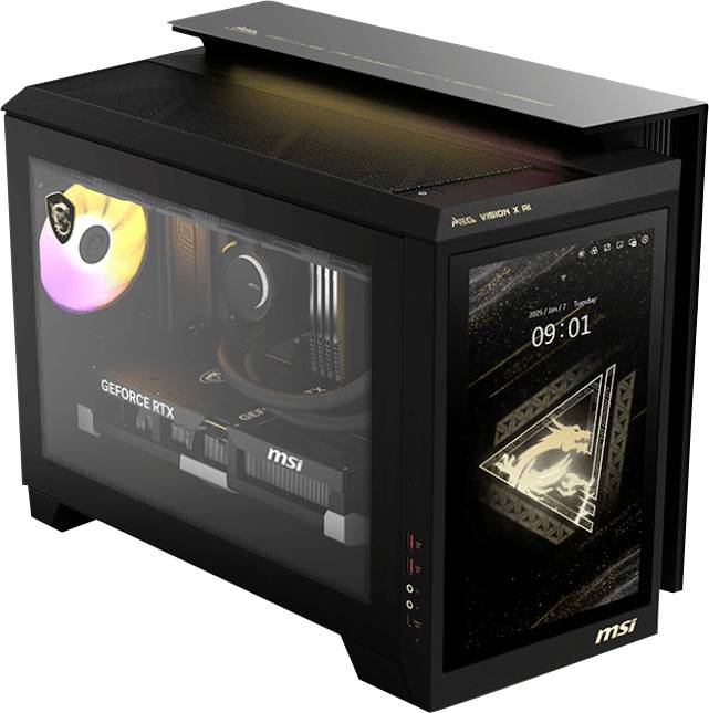 Ein schlanker schwarzer MSI-Gaming-Desktop mit RGB-beleuchteten Komponenten, auf dessen seitlichem LCD-Panel das MSI-Drachenlogo unter der Uhrzeit '09:01' angezeigt wird.