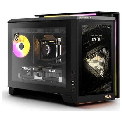 Ein schwarzer MSI-Gaming-Desktop mit RGB-Beleuchtung, sichtbaren Innenkomponenten einschließlich einer GeForce RTX-Grafikkarte, Display zeigt 09:01.