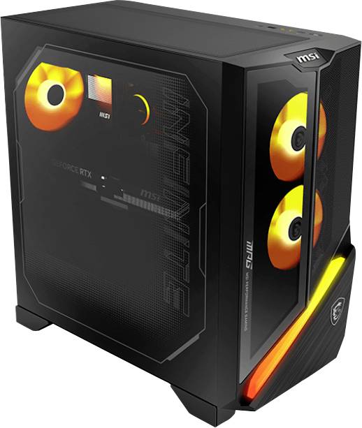 Ein schwarzer Gaming-PC-Turm mit orange beleuchteten Kühlventilatoren und einer sichtbaren 'GeForce RTX' Grafikkarte, von einem Winkel aus präsentiert.