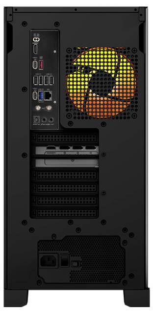 Rückansicht eines schwarzen Computergehäuses mit verschiedenen Ein- und Ausgabeanschlüssen, einem beleuchteten Kühlventilator oben und einem Netzteil unten.