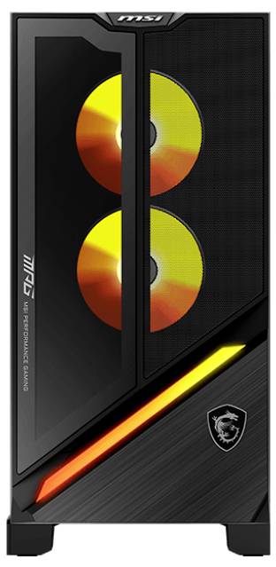 Ein schwarzer Gaming-PC-Tower mit einem Logo, zwei teilweise sichtbaren, intern beleuchteten Lüftern, die in Orange leuchten, und einer beleuchteten Akzentbeleuchtung auf dem Frontpanel.