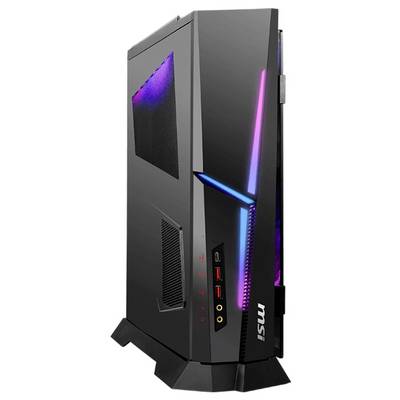 Ein schlankes, schwarzes Gaming-Desktop-Gehäuse mit blauer und violetter LED-Beleuchtung und sichtbaren Frontanschlüssen, einschließlich USB- und Audioports.