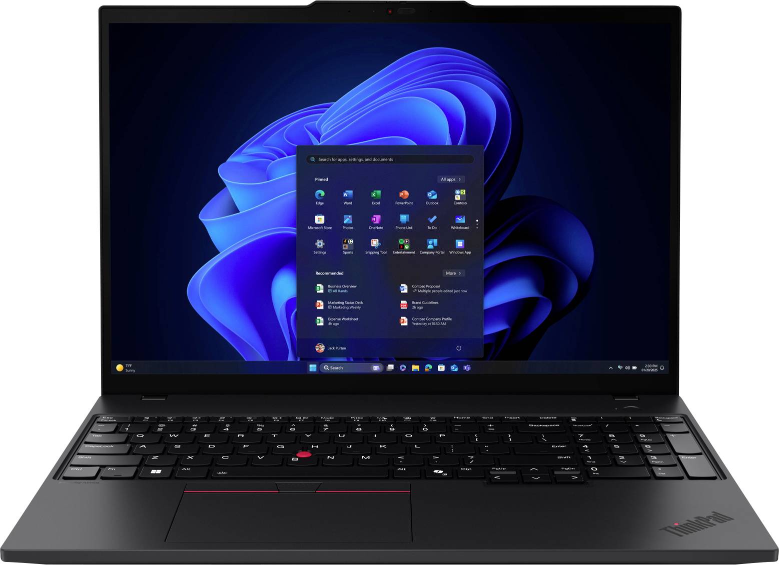 Ein Laptop, der den Windows 11 Startbildschirm mit verschiedenen App-Symbolen zeigt. Der Hintergrund präsentiert das blaue Windows Wirbel-Design.