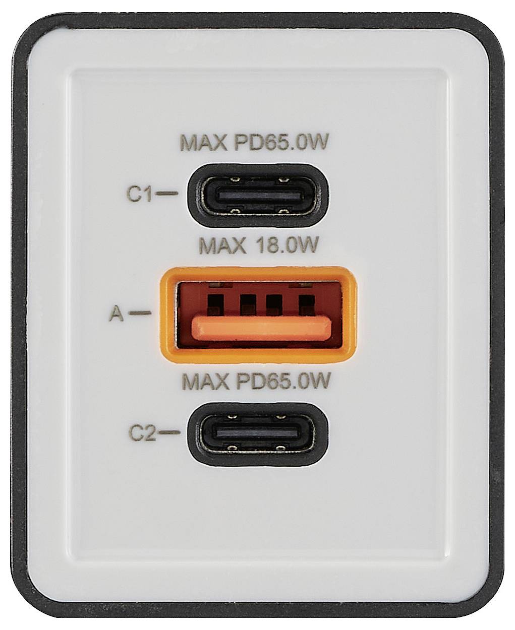 Ein Ladegerät mit zwei USB-C-Anschlüssen, die mit „MAX PD65.0W" gekennzeichnet sind, und einem USB-A-Anschluss, der mit „MAX 18.0W" beschriftet ist, geeignet für schnelles Laden von Geräten.