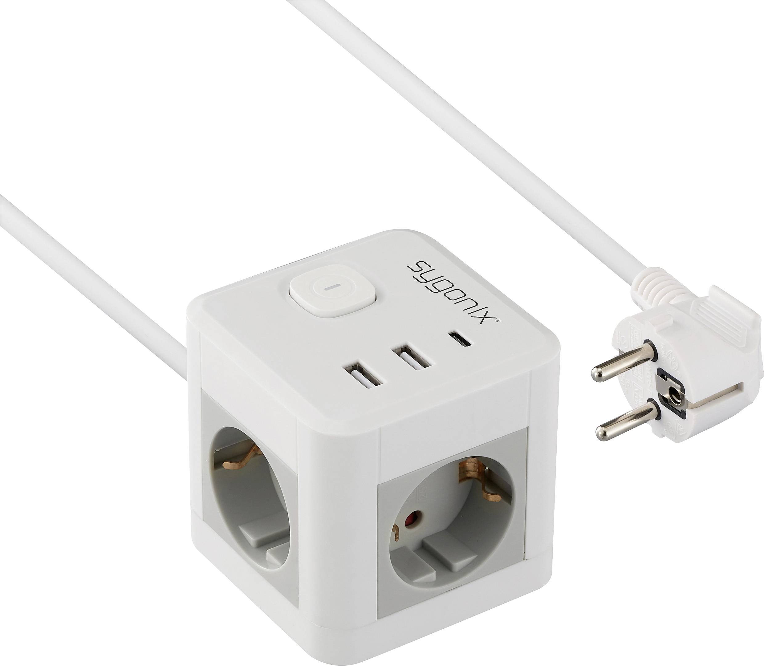 Ein weißer würfelförmiger Steckerleistenblock mit zwei USB-Anschlüssen, einem Ein-/Ausschalter und mehreren Steckdosen, verbunden mit einem europäischen Stecker.