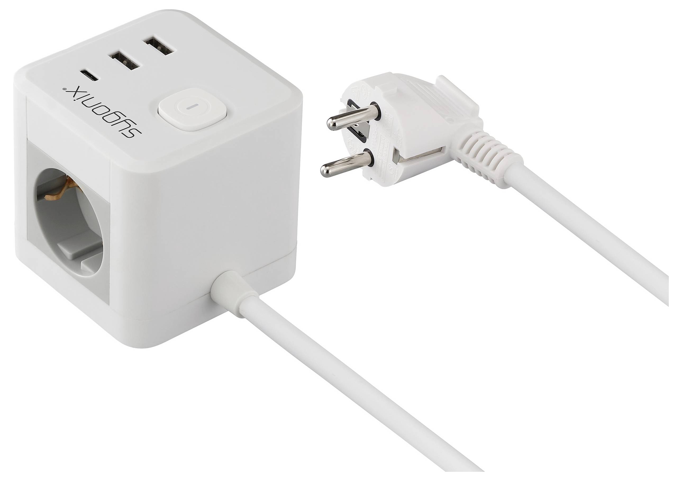 Ein weißer Sugonix-Stromwürfel mit mehreren Steckdosen und USB-Anschlüssen, mit einer Ein-/Ausschalttaste ausgestattet. Ein europäischer Stecker ist daran angebracht.