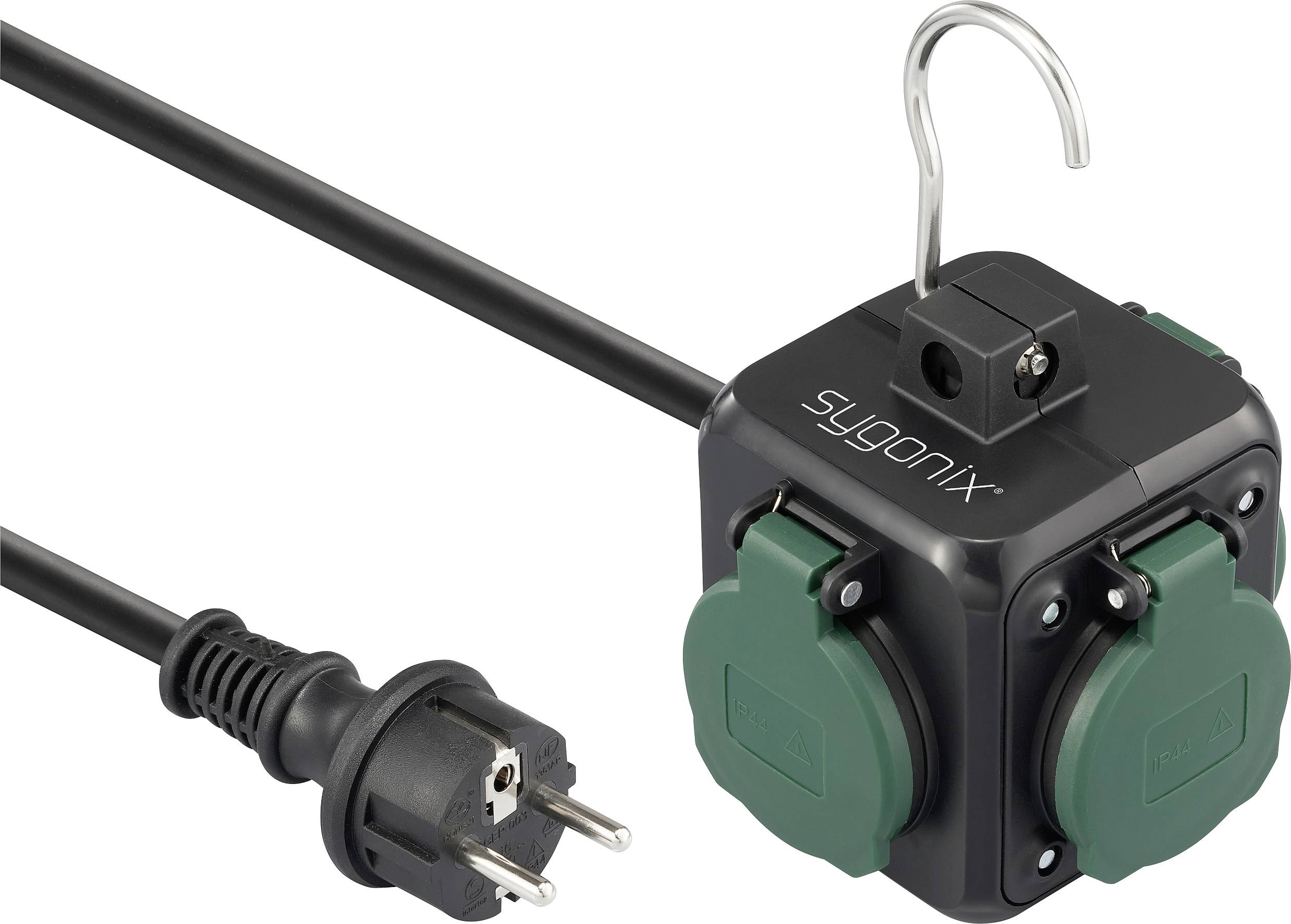 Ein schwarzer Stromverteiler mit grünen Steckdosenschutzkappen und einem europäischen Stecker wird gezeigt. Er verfügt über einen Haken zum Aufhängen. Der Markenname 'sygonix' ist sichtbar.