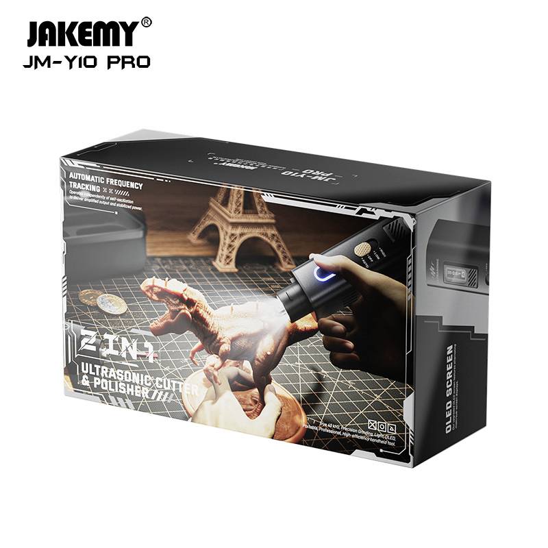 "Jakemy JM-Y10 Pro 2-in-1 Ultraschall-Schneider & Poliergerät" Produktverpackung mit Bild einer Hand, die das Werkzeug benutzt und seine Funktionen präsentiert.