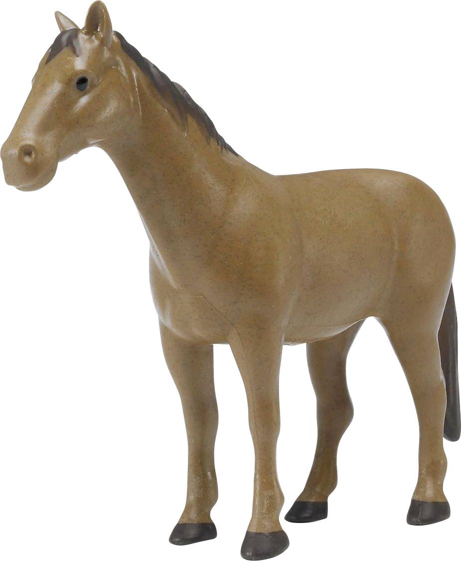 Eine braune Spielzeugpferdstatue mit schwarzen Hufen und Mähne, die aufrecht auf allen vieren vor einem schlichten Hintergrund steht.